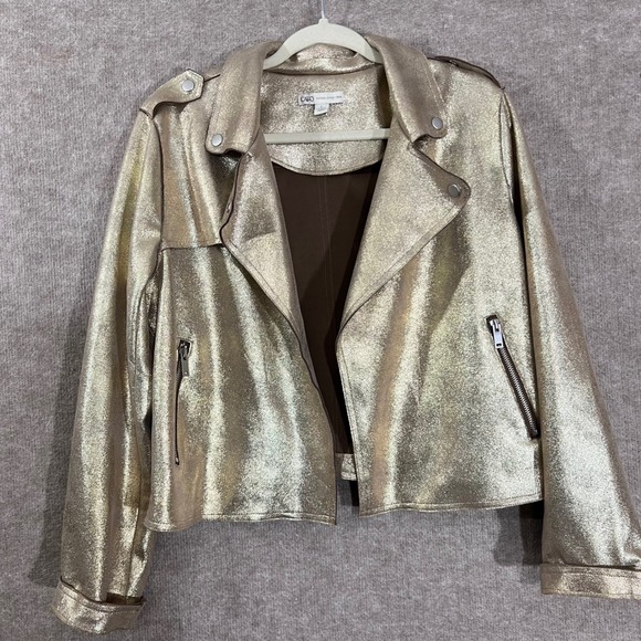 Cato Jackets & Blazers - Cato Metallic Moto Jacket Women L Gold Faux Leather Shimmer Glam Biker Rocker